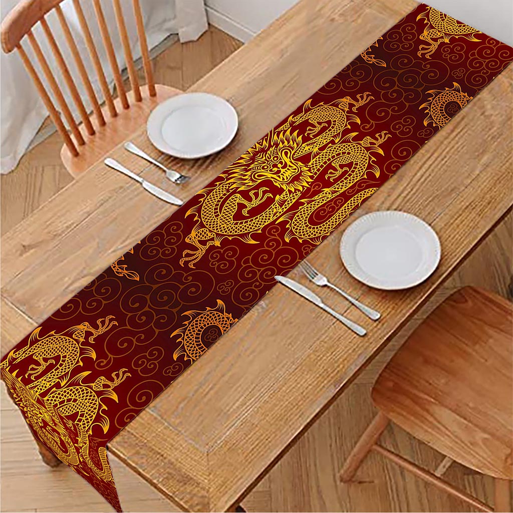 Gold Chinese Dragon Pattern Print Table Runner