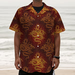 Gold Chinese Dragon Pattern Print Textured Short Sleeve Shirt