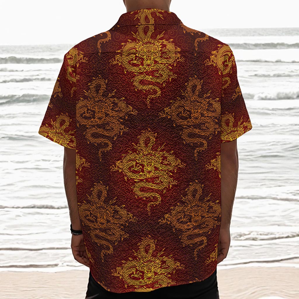 Gold Chinese Dragon Pattern Print Textured Short Sleeve Shirt