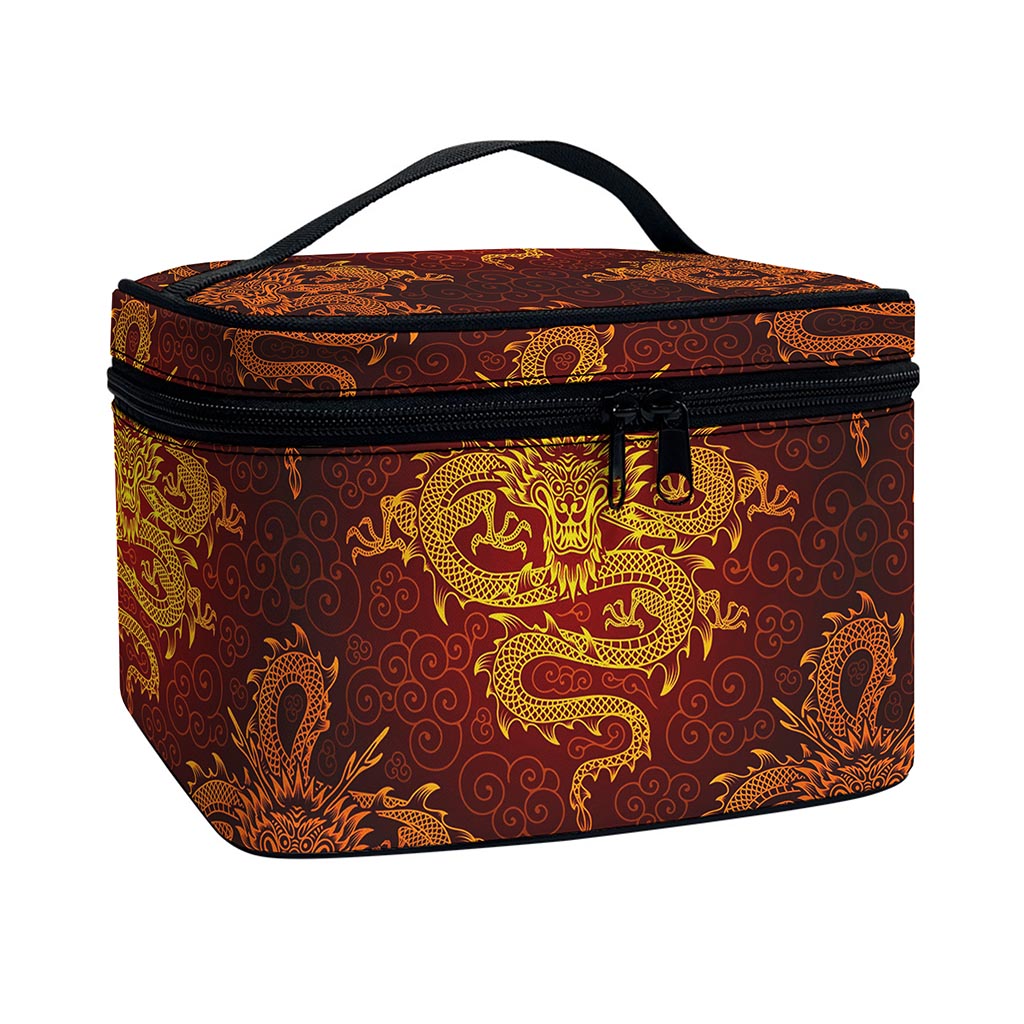 Gold Chinese Dragon Pattern Print Travel Makeup Bag