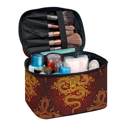 Gold Chinese Dragon Pattern Print Travel Makeup Bag