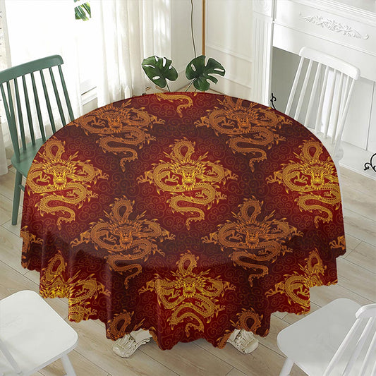 Gold Chinese Dragon Pattern Print Waterproof Round Tablecloth