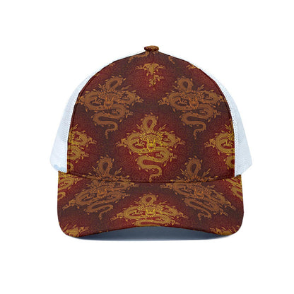 Gold Chinese Dragon Pattern Print White Mesh Trucker Cap