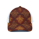Gold Chinese Dragon Pattern Print White Mesh Trucker Cap