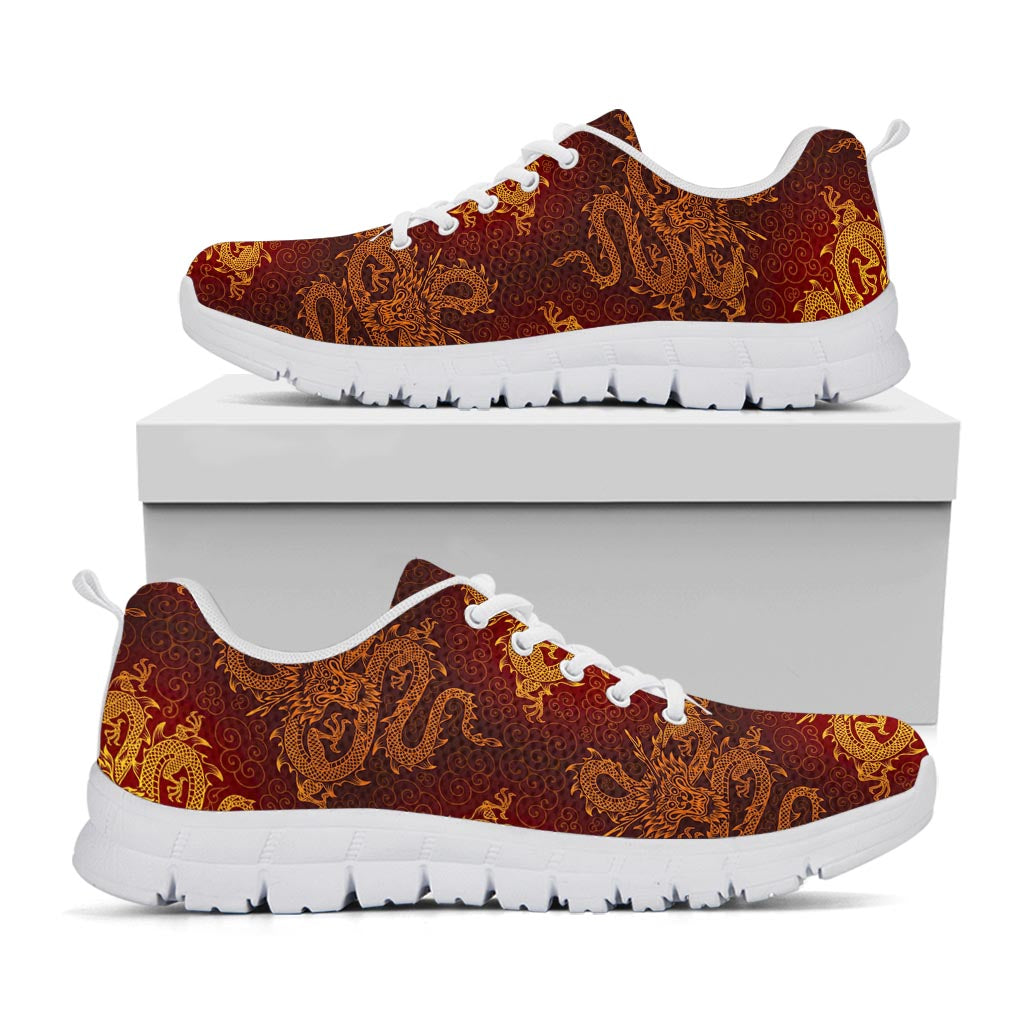 Gold Chinese Dragon Pattern Print White Running Shoes