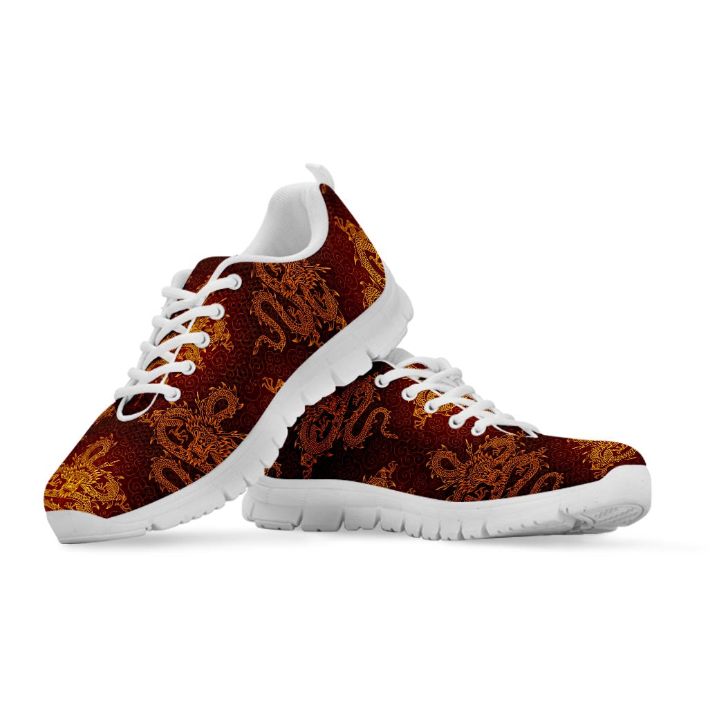 Gold Chinese Dragon Pattern Print White Running Shoes