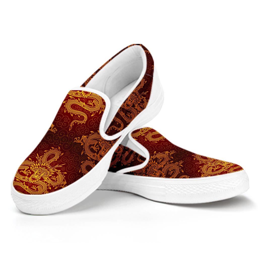 Gold Chinese Dragon Pattern Print White Slip On Sneakers