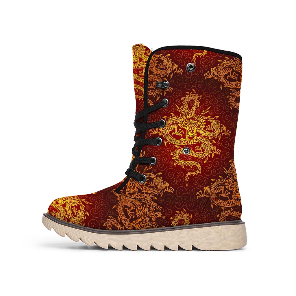 Gold Chinese Dragon Pattern Print Winter Boots