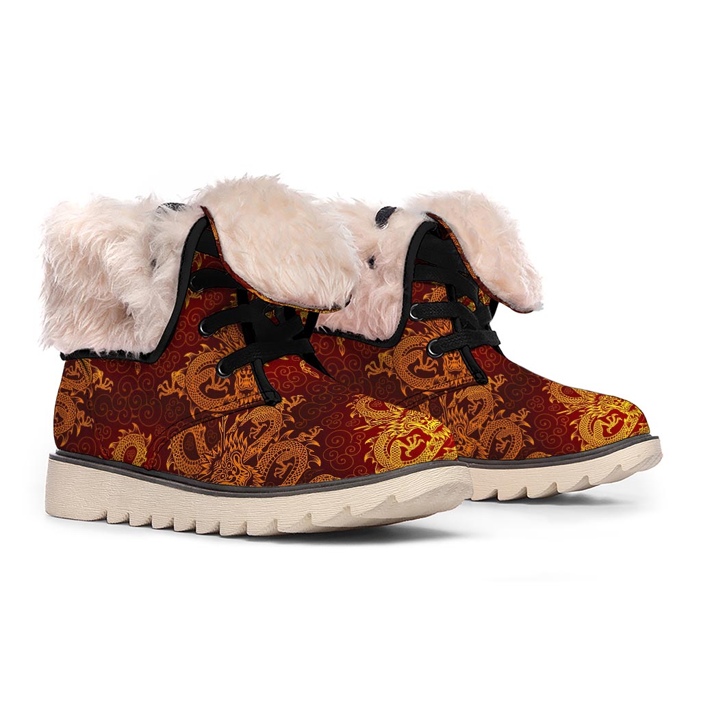 Gold Chinese Dragon Pattern Print Winter Boots