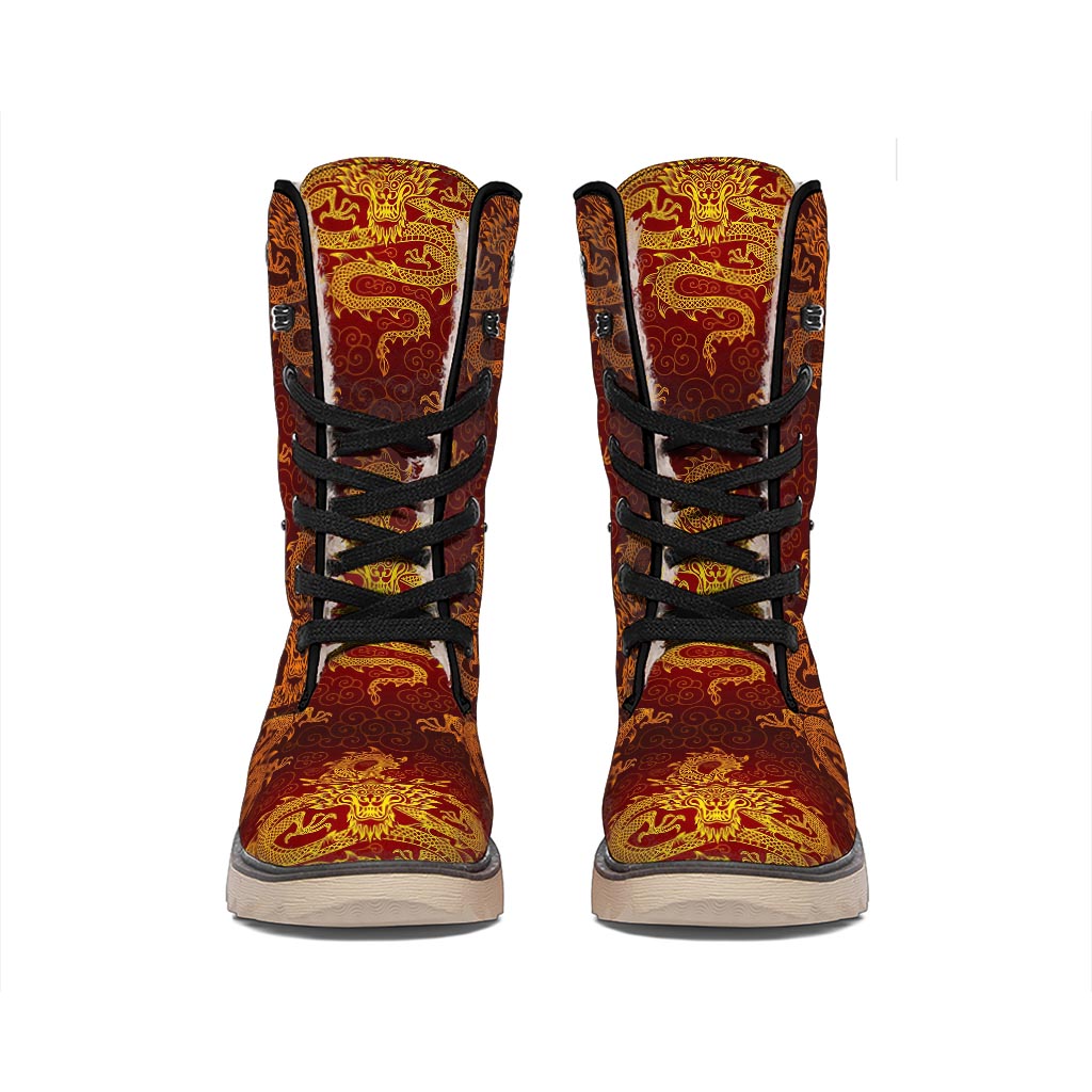 Gold Chinese Dragon Pattern Print Winter Boots