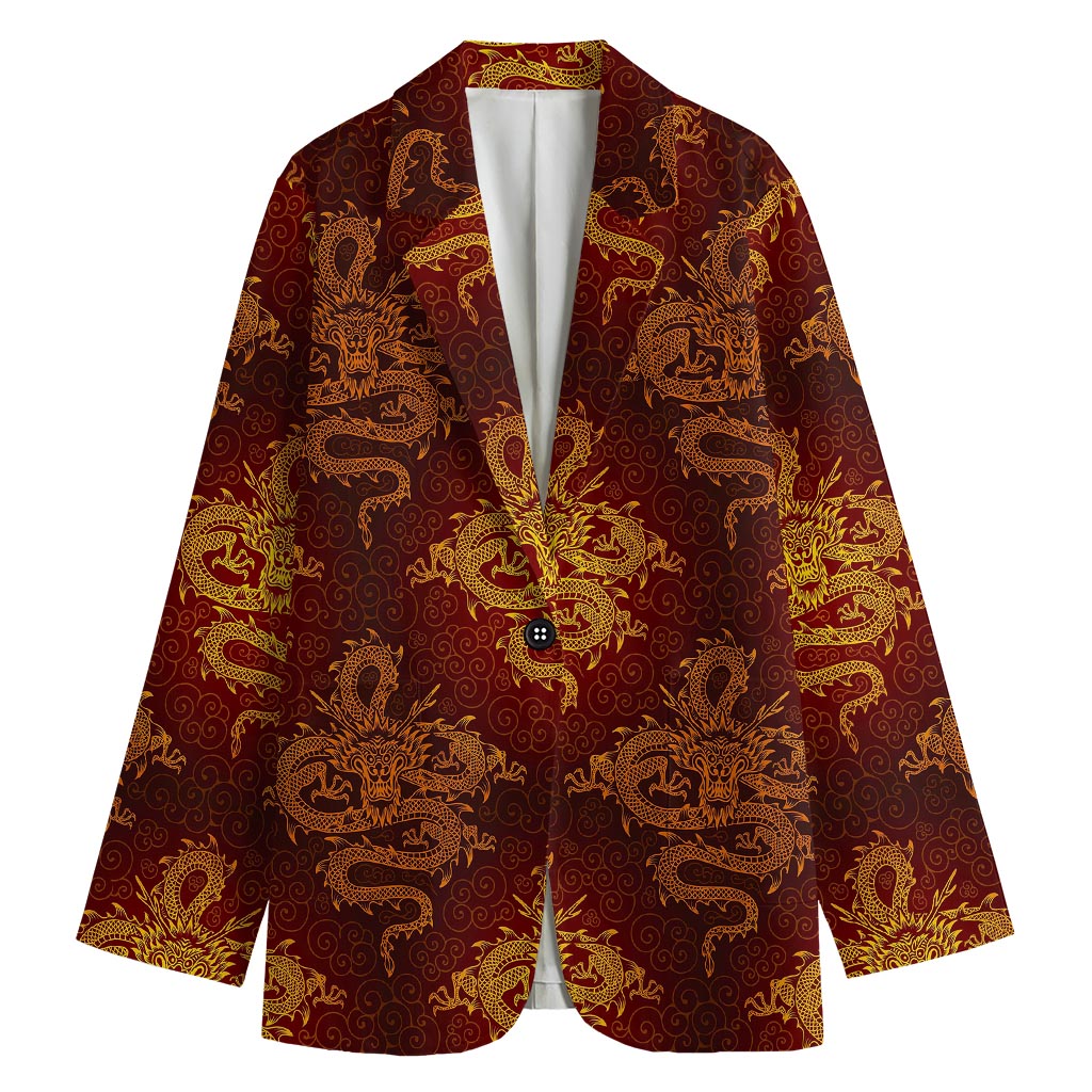 Gold Chinese Dragon Pattern Print Women's Blazer
