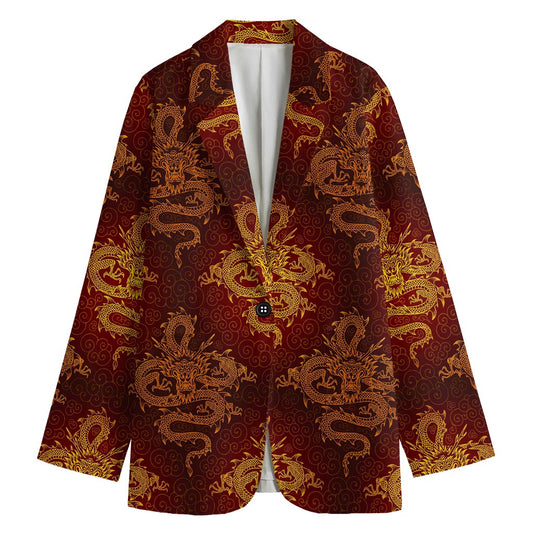 Gold Chinese Dragon Pattern Print Women's Blazer