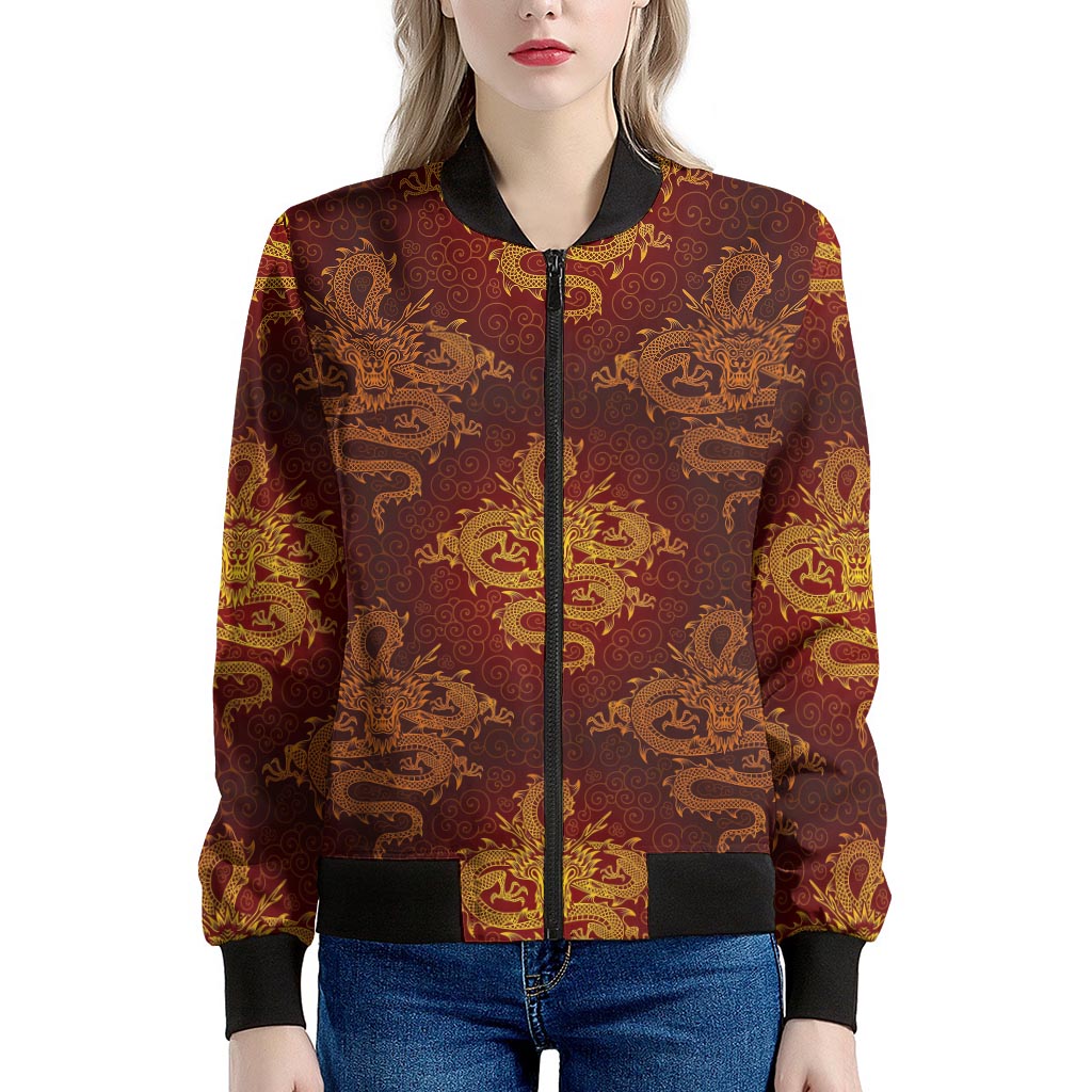 Gold Chinese Dragon Pattern Print Women's Bomber Jacket