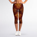 Gold Chinese Dragon Pattern Print Women's Capri Leggings