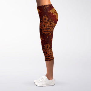 Gold Chinese Dragon Pattern Print Women's Capri Leggings