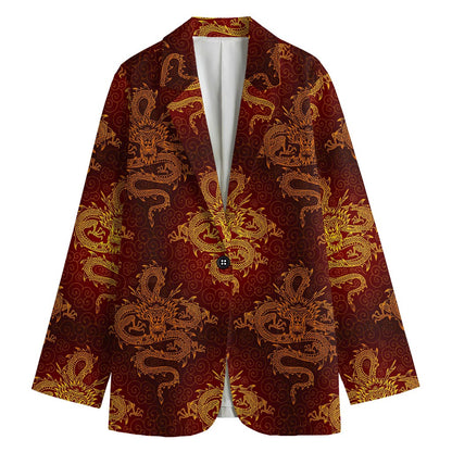 Gold Chinese Dragon Pattern Print Women's Cotton Blazer