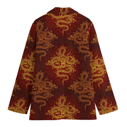 Gold Chinese Dragon Pattern Print Women's Cotton Blazer