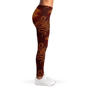 Gold Chinese Dragon Pattern Print Women's Leggings