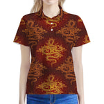 Gold Chinese Dragon Pattern Print Women's Polo Shirt