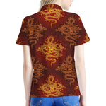 Gold Chinese Dragon Pattern Print Women's Polo Shirt