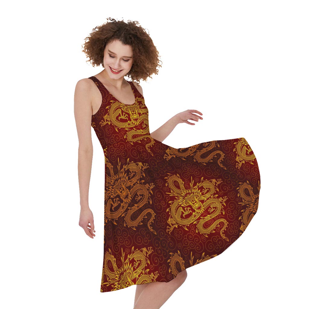 Gold Chinese Dragon Pattern Print Women's Sleeveless Dress