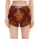 Gold Chinese Dragon Pattern Print Women's Split Running Shorts