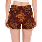 Gold Chinese Dragon Pattern Print Women's Split Running Shorts