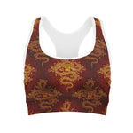 Gold Chinese Dragon Pattern Print Women's Sports Bra
