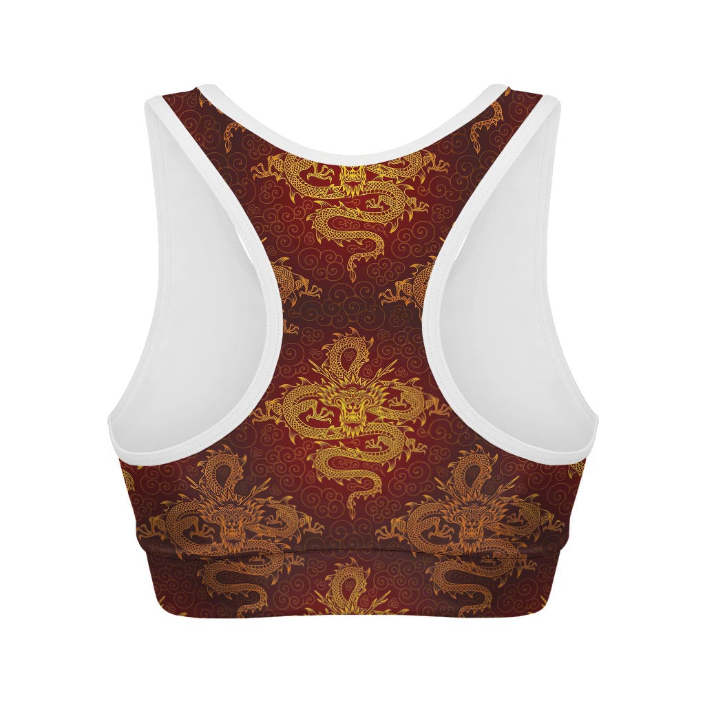 Gold Chinese Dragon Pattern Print Women's Sports Bra