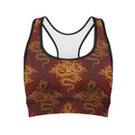 Gold Chinese Dragon Pattern Print Women's Sports Bra