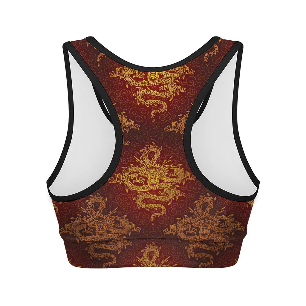 Gold Chinese Dragon Pattern Print Women's Sports Bra