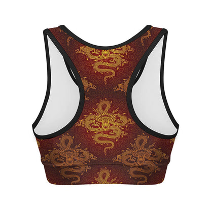 Gold Chinese Dragon Pattern Print Women's Sports Bra