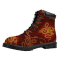 Gold Chinese Dragon Pattern Print Padded Collar Lace Up Boots