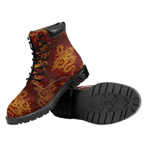 Gold Chinese Dragon Pattern Print Work Boots