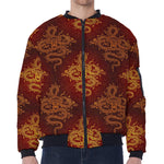 Gold Chinese Dragon Pattern Print Zip Sleeve Bomber Jacket