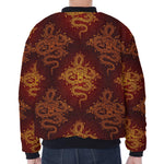 Gold Chinese Dragon Pattern Print Zip Sleeve Bomber Jacket