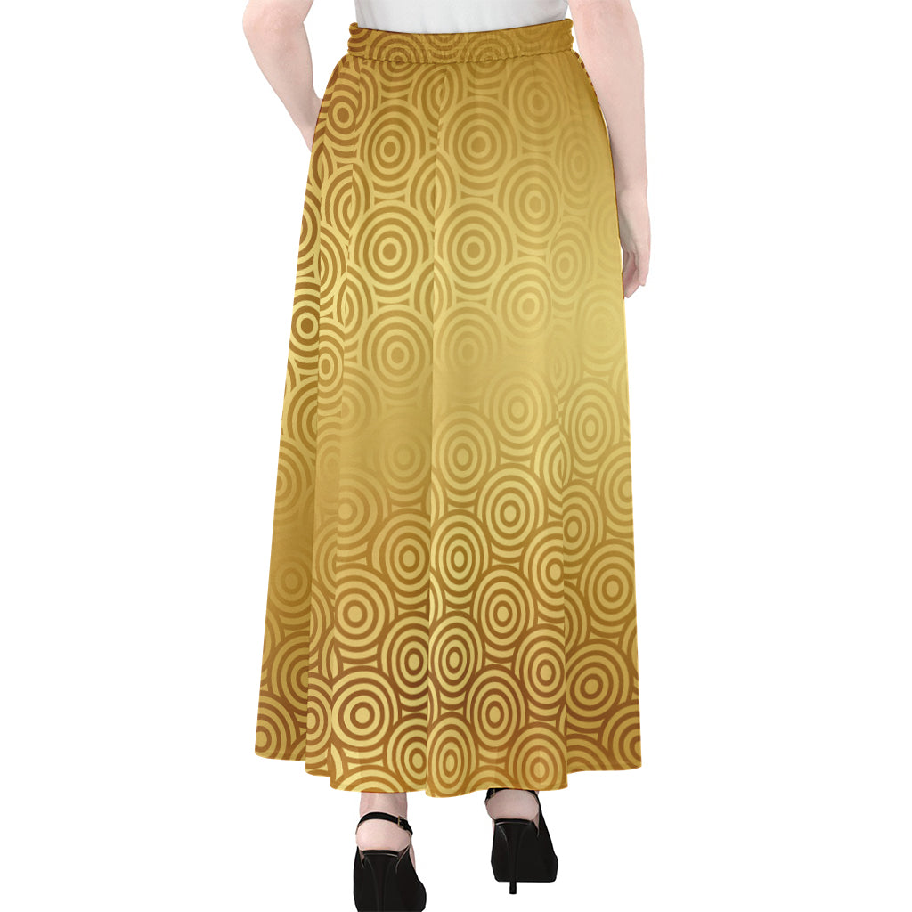 Gold Chinese Pattern Print Chiffon Maxi Skirt