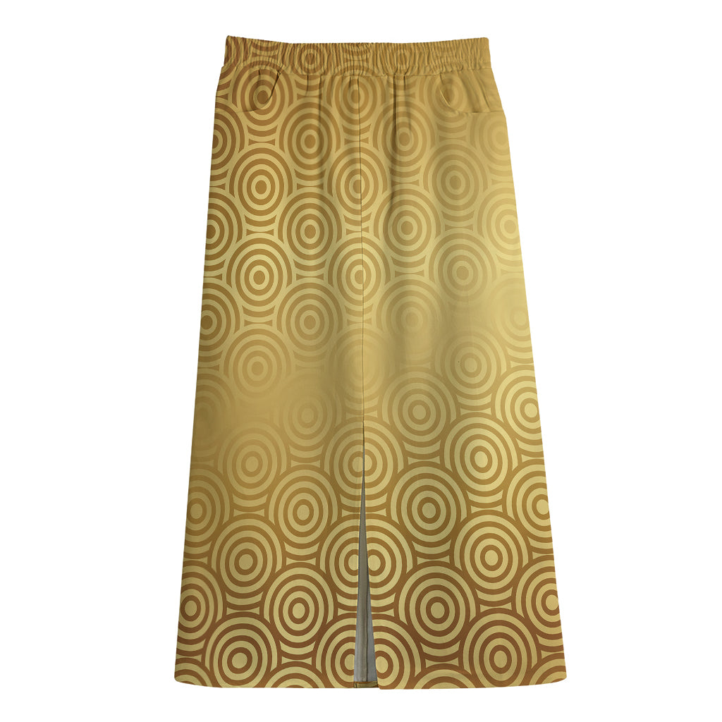Gold Chinese Pattern Print Cotton Front Slit Maxi Skirt
