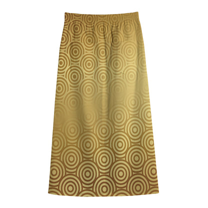 Gold Chinese Pattern Print Cotton Front Slit Maxi Skirt