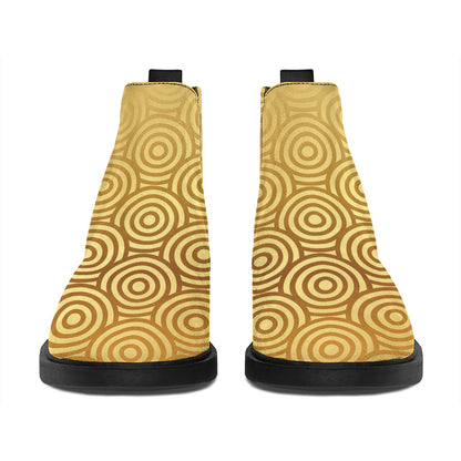Gold Chinese Pattern Print Flat Ankle Boots