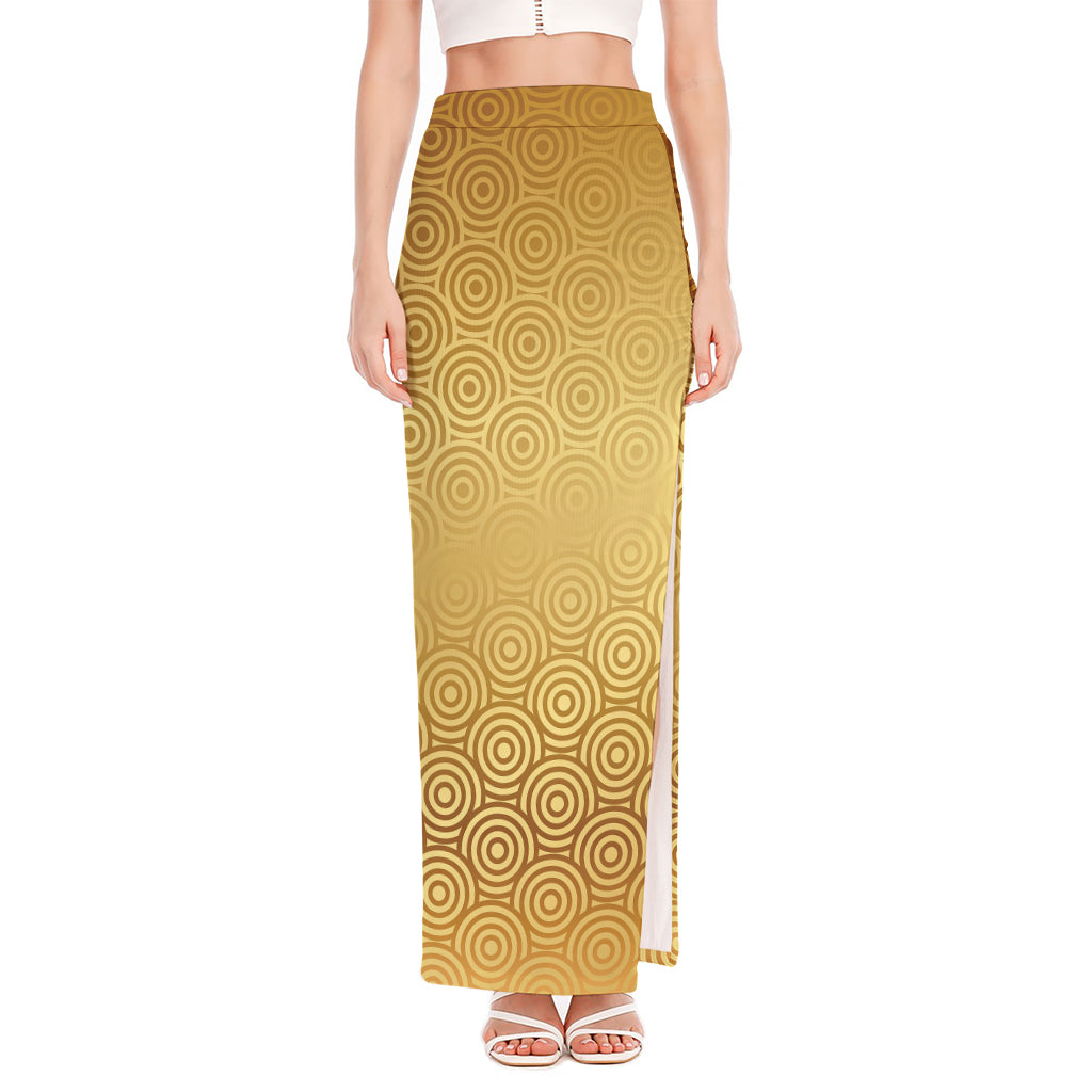 Gold Chinese Pattern Print High Slit Maxi Skirt