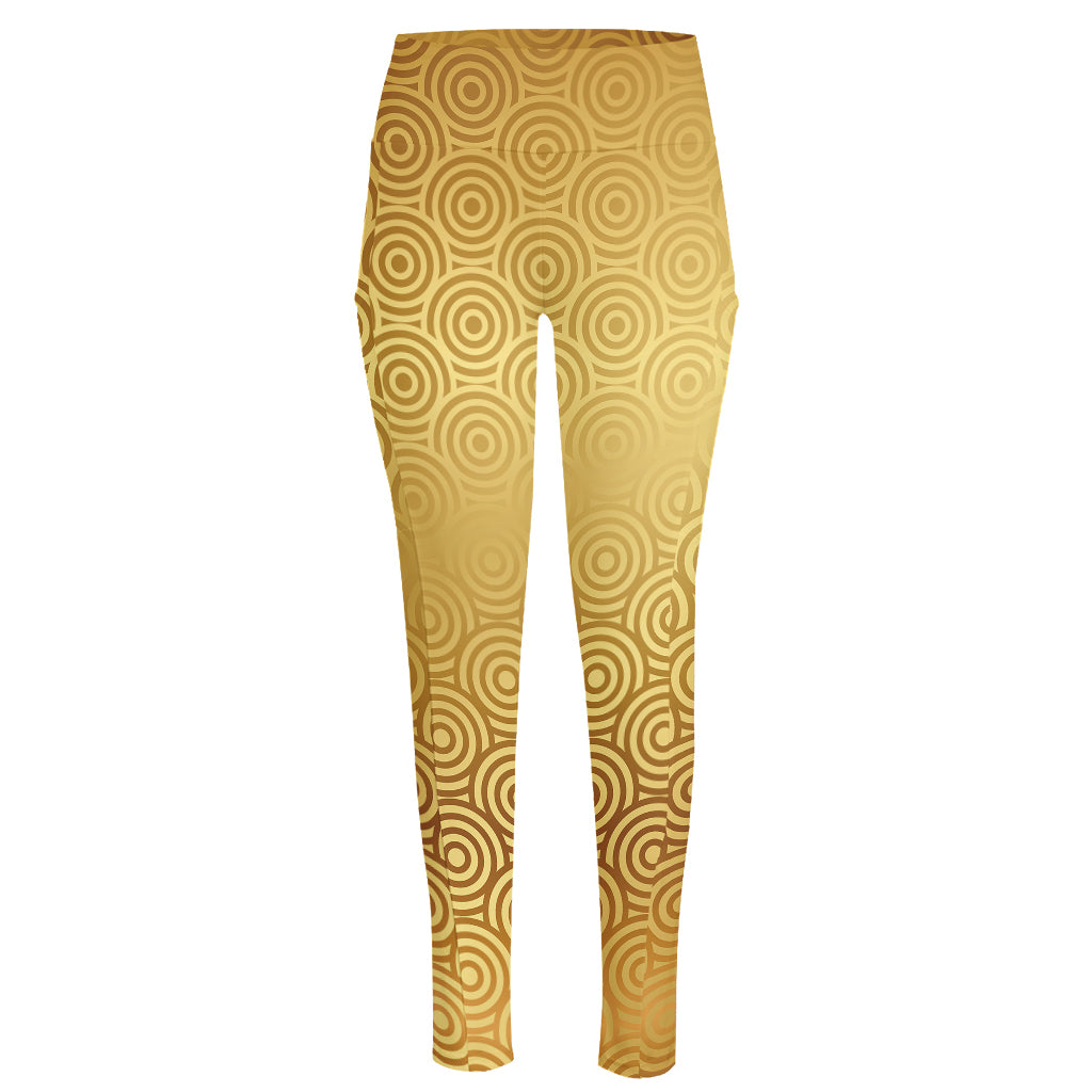 Gold Chinese Pattern Print High-Waisted Pocket Leggings