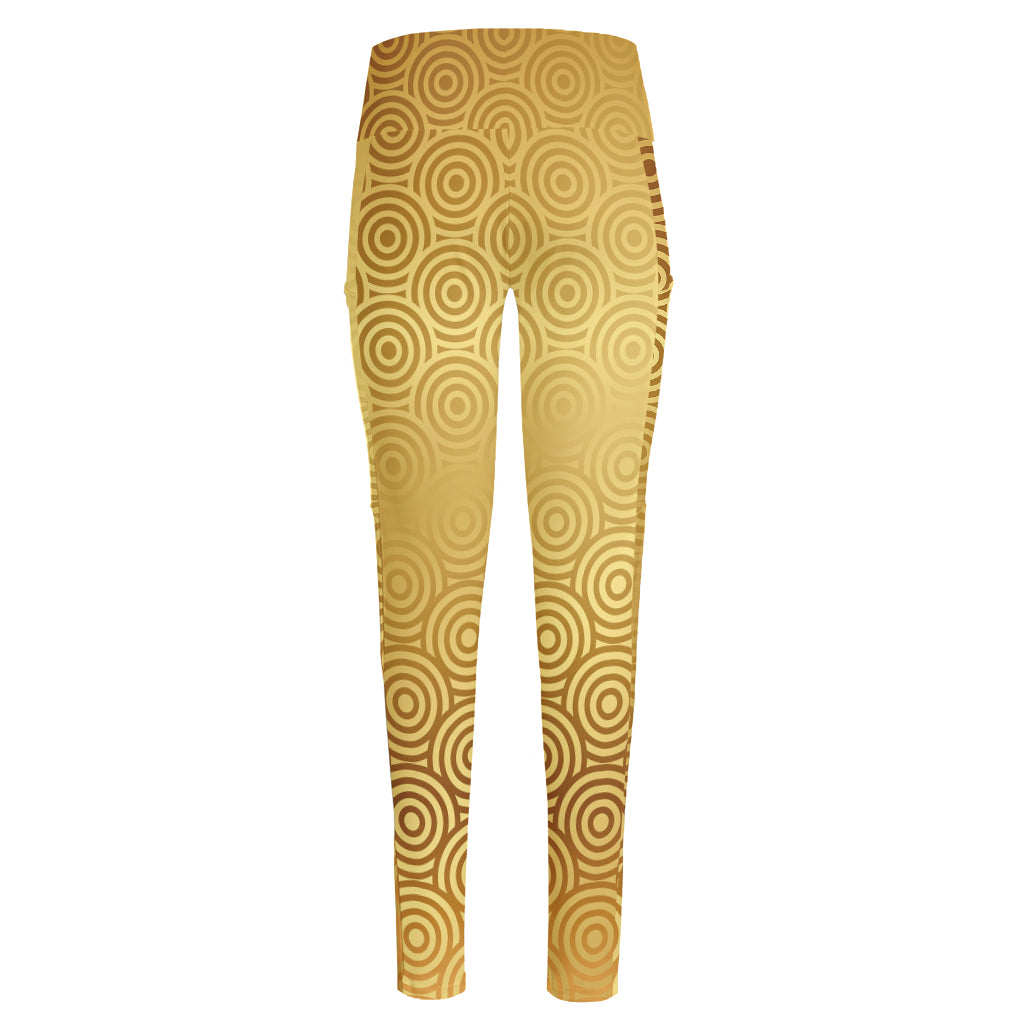 Gold Chinese Pattern Print High-Waisted Pocket Leggings