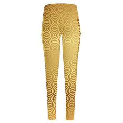 Gold Chinese Pattern Print High-Waisted Pocket Leggings