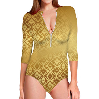 Gold Chinese Pattern Print Long Sleeve Swimsuit