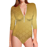 Gold Chinese Pattern Print Long Sleeve Swimsuit