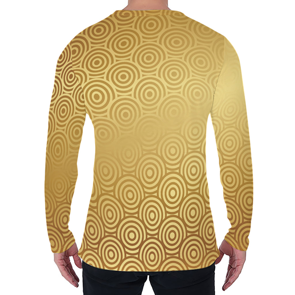 Gold Chinese Pattern Print Men's Long Sleeve T-Shirt
