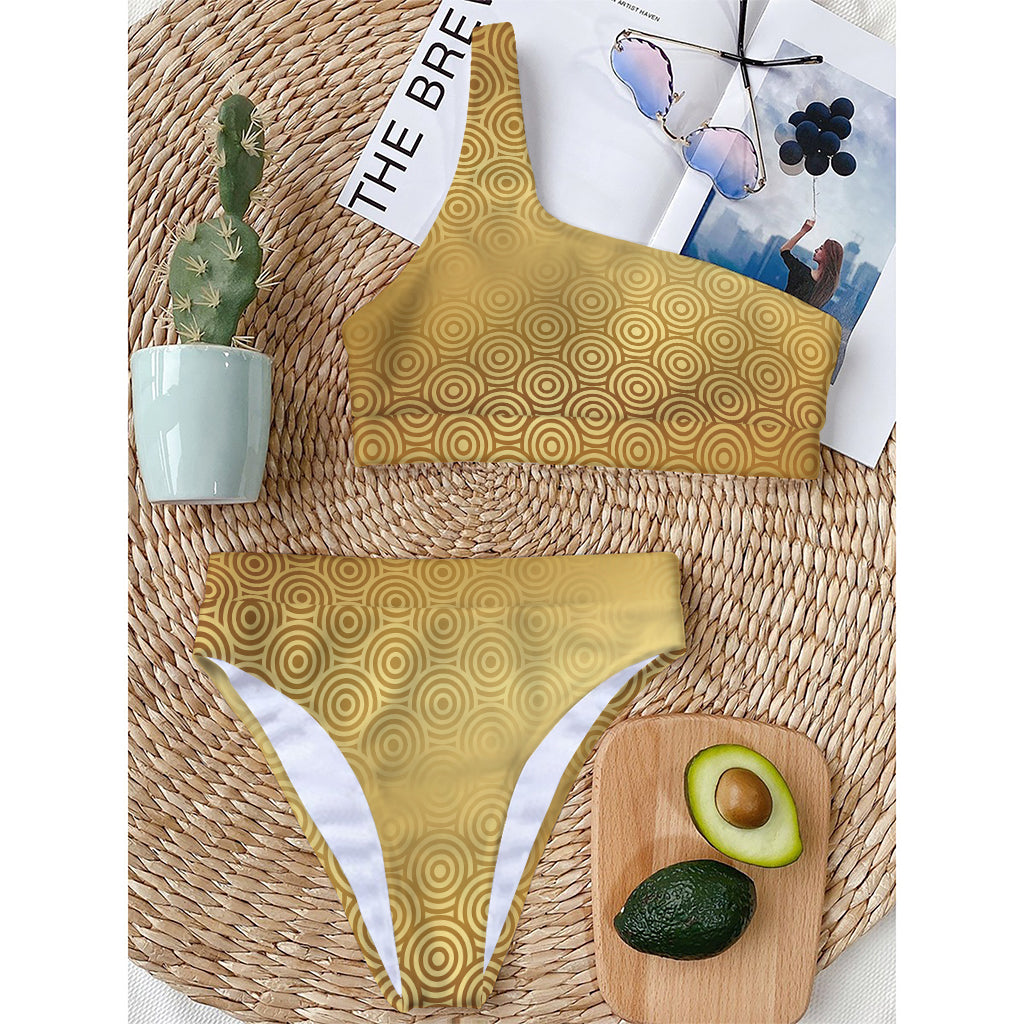 Gold Chinese Pattern Print One Shoulder Bikini Top