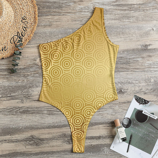 Gold Chinese Pattern Print One Shoulder Bodysuit