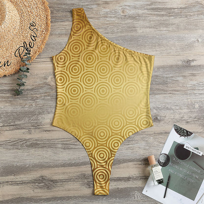 Gold Chinese Pattern Print One Shoulder Bodysuit